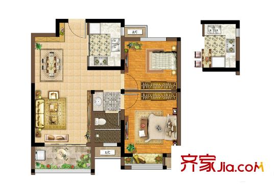 康桥悦城约80平方米两室两厅户型 2室2厅1卫1厨