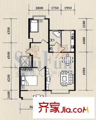 龙泽名都户型图2室2厅1卫1厨