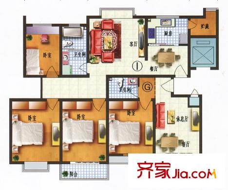华景新城户型图一期37号楼1单元西户304-1304房I户型 2室2厅1卫1厨