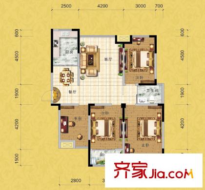 华府一品户型图9/11#楼B2户型 4室2厅1卫1厨