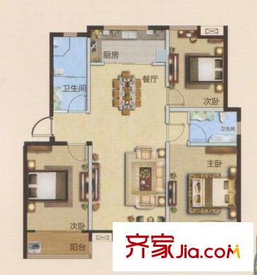华府一品户型图二期高层E户型 3室2厅2卫1厨