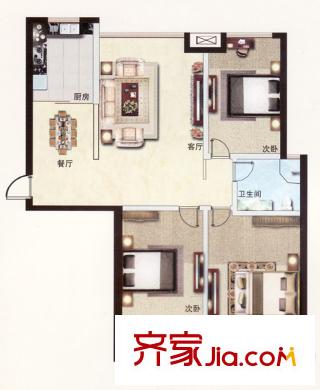 华府一品户型图一期高层住宅B户型 3室2厅1卫1厨
