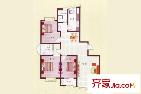 东方明珠二期高层F户型 3室2厅2卫1厨