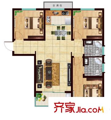 帝景国际一期12#楼1户型 3室2厅2卫1厨