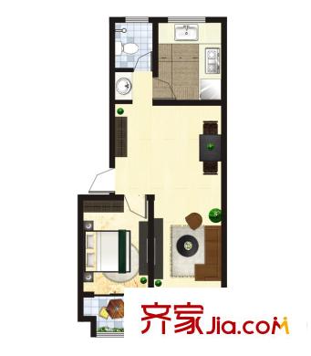 水岸名居3号楼2单元东户型 1室2厅1卫