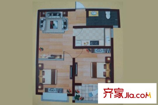 水岸名居1号楼A户型 2室1厅1卫1厨
