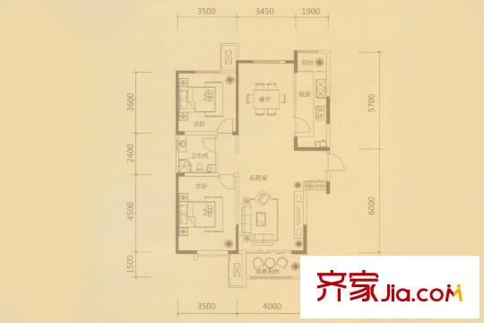 茂华紫苑公馆13、14#A31户型 2室2厅1卫1厨