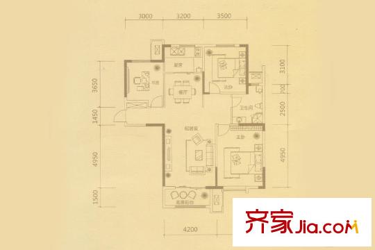 茂华紫苑公馆13、14#B31户型 3室2厅1卫1厨
