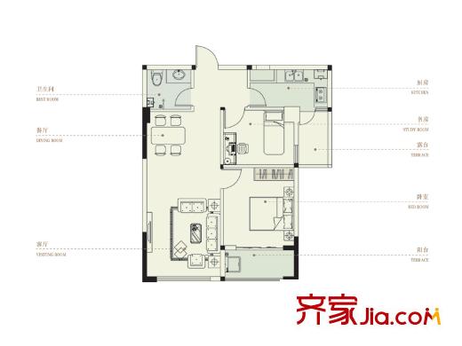 佳境天城高层1#D户型 2室2厅1卫1厨