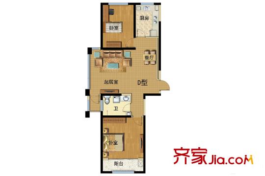 龙耀锦都高层D户型 2室2厅1卫1厨