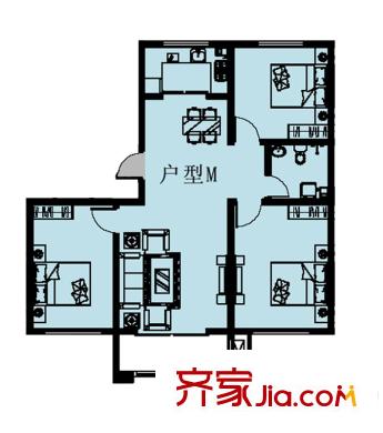 龙耀锦都一期多层M户型 3室2厅1卫
