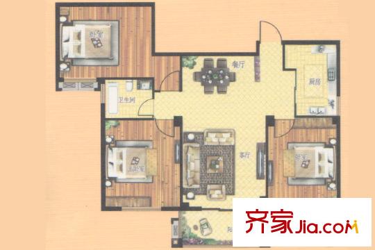 金科华府6号楼C2户型 3室2厅1卫1厨