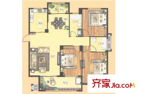 金科华府6号楼C1户型 3室2厅2卫1厨