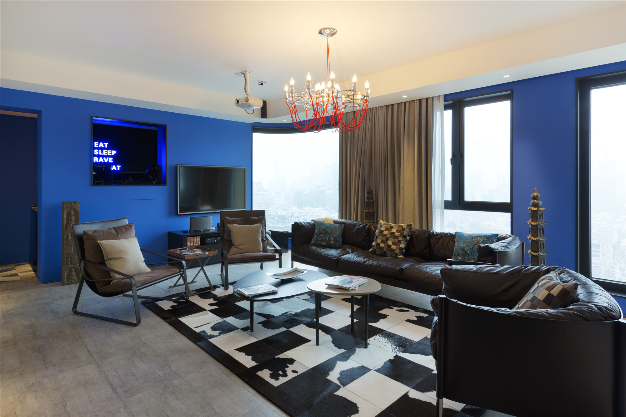 二居室装修,140平米以上装修,20万以上装修,客厅,现代简约风格,电视背景墙,蓝色