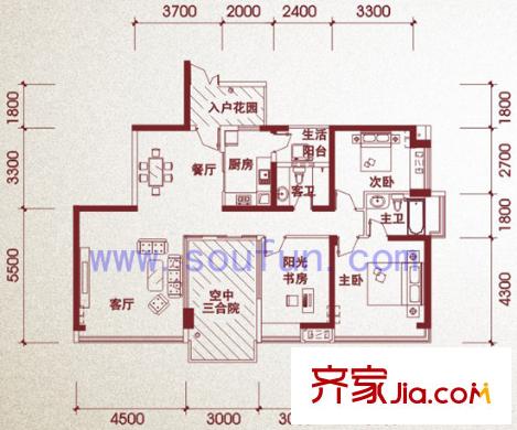 天府长城嘉南地户型图J2顶层 3室2厅2卫1厨