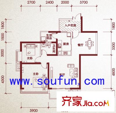 天府长城嘉南地户型图H型 2室2厅1卫1厨