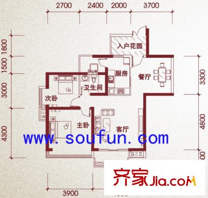 天府长城嘉南地户型图H2顶层 2室2厅1卫1厨