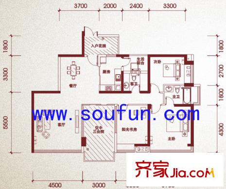 天府长城嘉南地户型图J型 3室2厅2卫1厨
