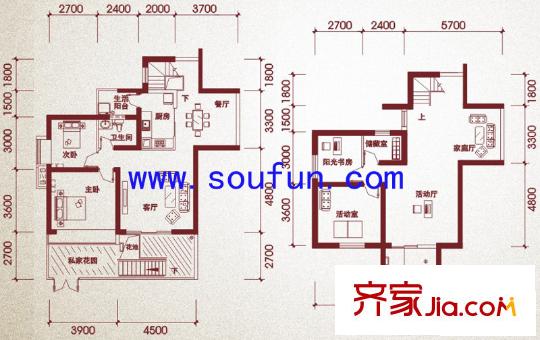 天府长城嘉南地户型图H1复式 5室4厅1卫1厨