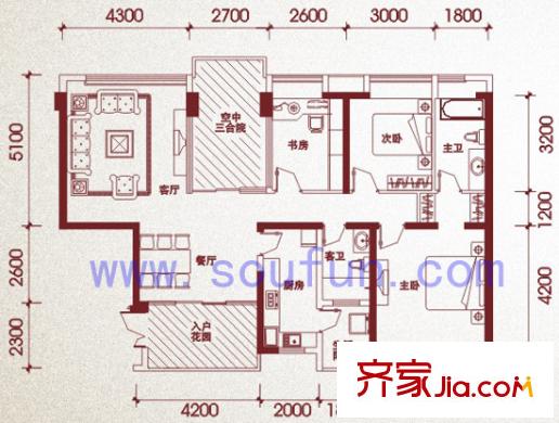 天府长城嘉南地户型图E型 3室2厅2卫1厨
