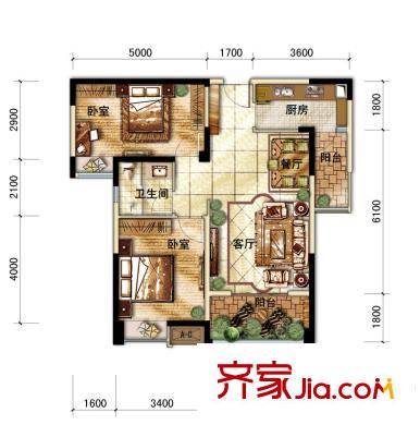 中海城南华府一期1、2、4、7栋标准层A户型(售罄) 2室2厅1卫1厨