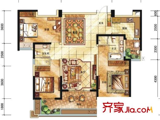 中海城南华府一期2、3、5、6号楼标准层B1户型(售罄) 3室2厅1卫1厨