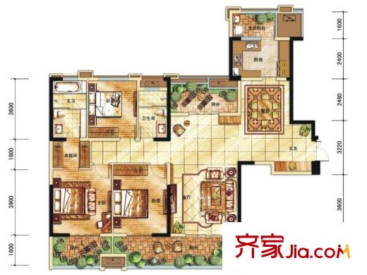 中海城南华府一期2、3、5、6号楼标准层C户型(售罄) 3室2厅2卫1厨