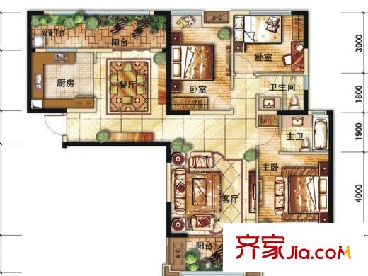 中海城南华府一期1、2、4、7号楼标准层B户型(售罄) 3室2厅2卫1厨