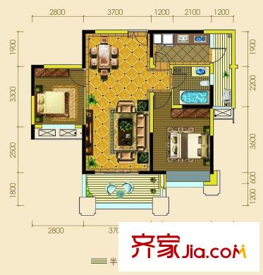 领馆国际城一期4号楼标准层A2户型(售罄) 2室2厅1卫1厨