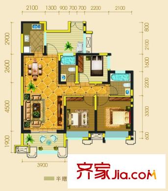 领馆国际城一期5号楼标准层B3户型(售罄) 3室2厅2卫1厨