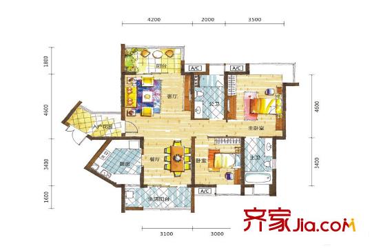 新鸿基悦城16栋标准层109平户型 2室2厅2卫1厨