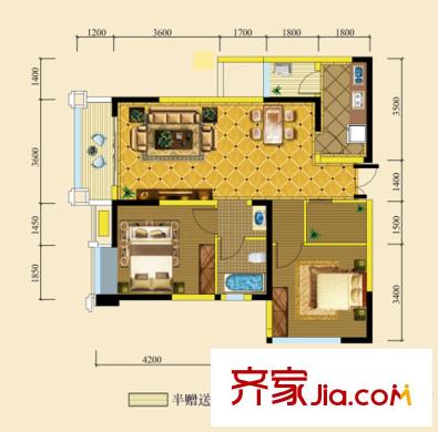 领馆国际城一期1号楼标准层C4户型(售罄) 2室2厅2卫1厨