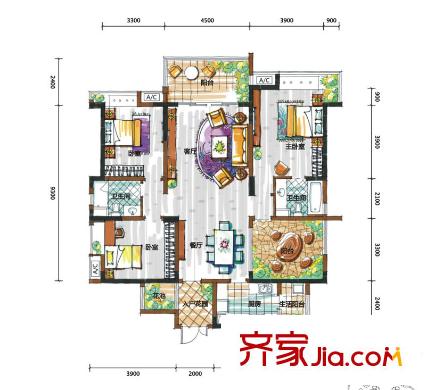 新鸿基悦城11、12号楼标准层D户型 3室2厅2卫1厨