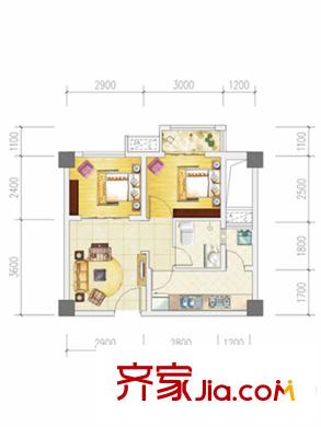 蓝润棠湖春天一期17#标准层G1户型(售完) 2室2厅1卫1厨