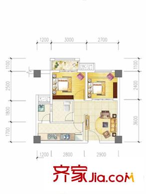 蓝润棠湖春天一期17#标准层G2户型(售完) 2室2厅1卫1厨