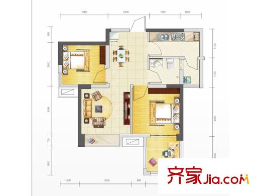 蓝润棠湖春天一期12号楼标准层B4B5户型(已售罄) 2室2厅1卫1厨
