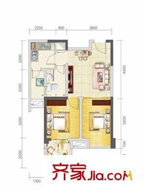 蓝润棠湖春天一期4#标准层E5户型(售完) 2室2厅1卫1厨