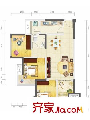 蓝润棠湖春天二期5、6号楼标准层C3户型 2室2厅1卫1厨