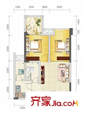 蓝润棠湖春天一期4#标准层E2户型(售完) 2室2厅1卫1厨