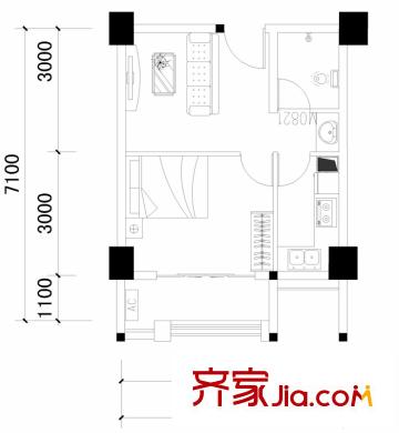 美洲花园棕榈湾103栋A3户型(售罄) 1室1厅1卫1厨
