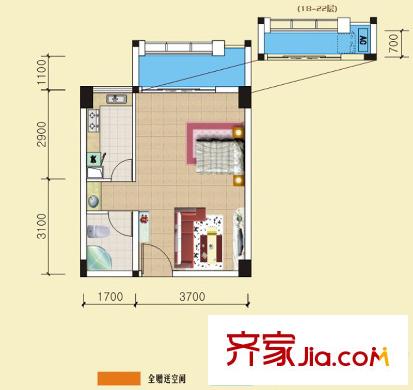 美洲花园棕榈湾121号楼A4户型(售罄) 1室1厅1卫1厨
