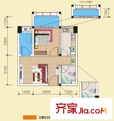 美洲花园棕榈湾121号楼A1户型(售罄) 1室1厅1卫1厨