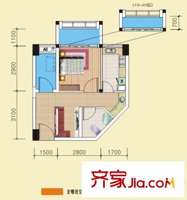 美洲花园棕榈湾121号楼A3户型(售罄) 1室1厅1卫1厨