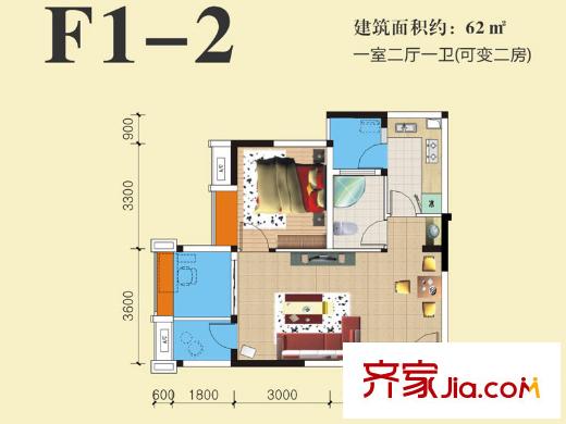 美洲花园棕榈湾E区2批次119栋标准层F1-2户型 1室2厅1卫1厨