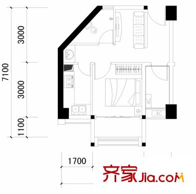 美洲花园棕榈湾103栋A4户型(售罄) 1室1厅1卫1厨