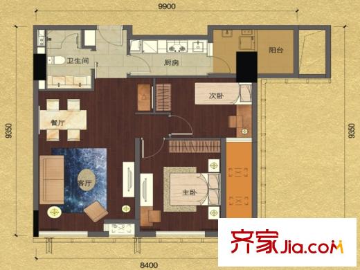 英祥财富领域一期3号楼标准层D'户型 2室2厅1卫1厨