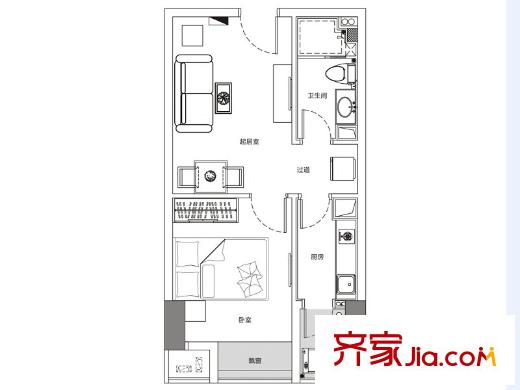 北辰三角洲北辰美寓a户型 1室1厅1卫1厨