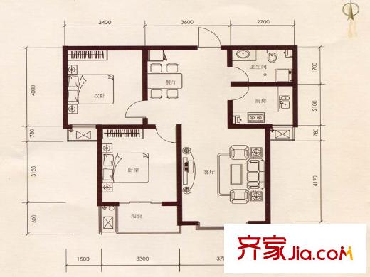 亢龙盛景户型图两室两厅一卫一厨 2室2厅1卫1厨