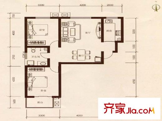 亢龙盛景户型图两室两厅一卫一厨 2室2厅1卫1厨