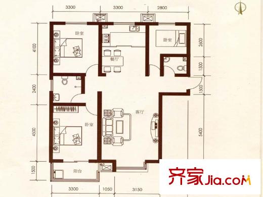 亢龙盛景户型图三室两厅两卫一厨 3室2厅2卫1厨